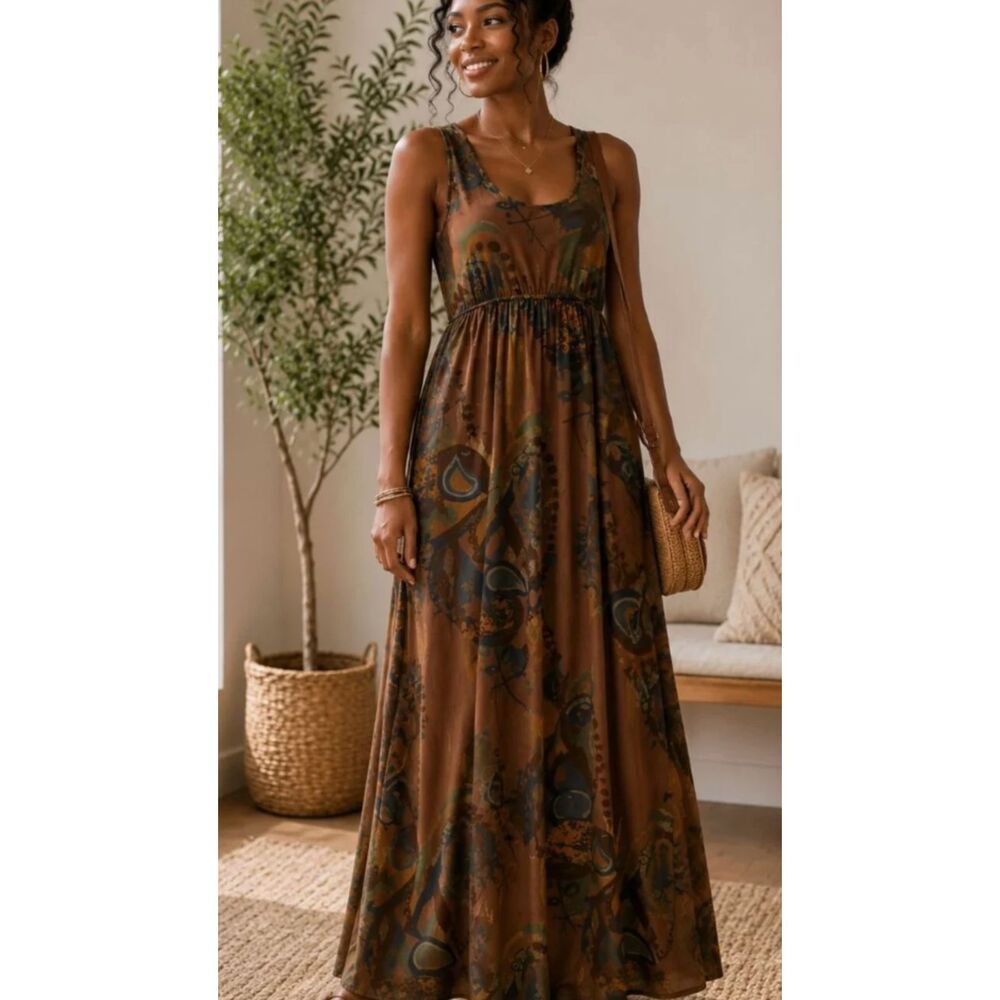 Fresh Produce Vintage XS Abstract Print Maxi Dress Brown Teal Gold Sleeveless